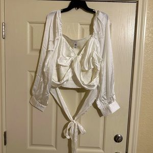 It’s Fashion off white satin feel Knotted crop top with long waist ties